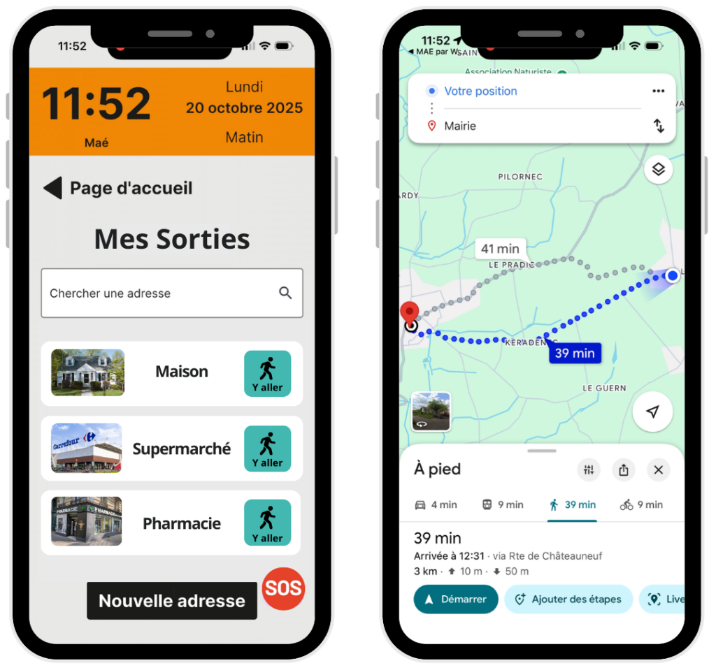Capture d'écran de la fonctionnalités Mes sorties, 2 téléphone face la liste des lieux habituel, une photo du lieux et un bouton "y aller" pour lancer le GPS.
