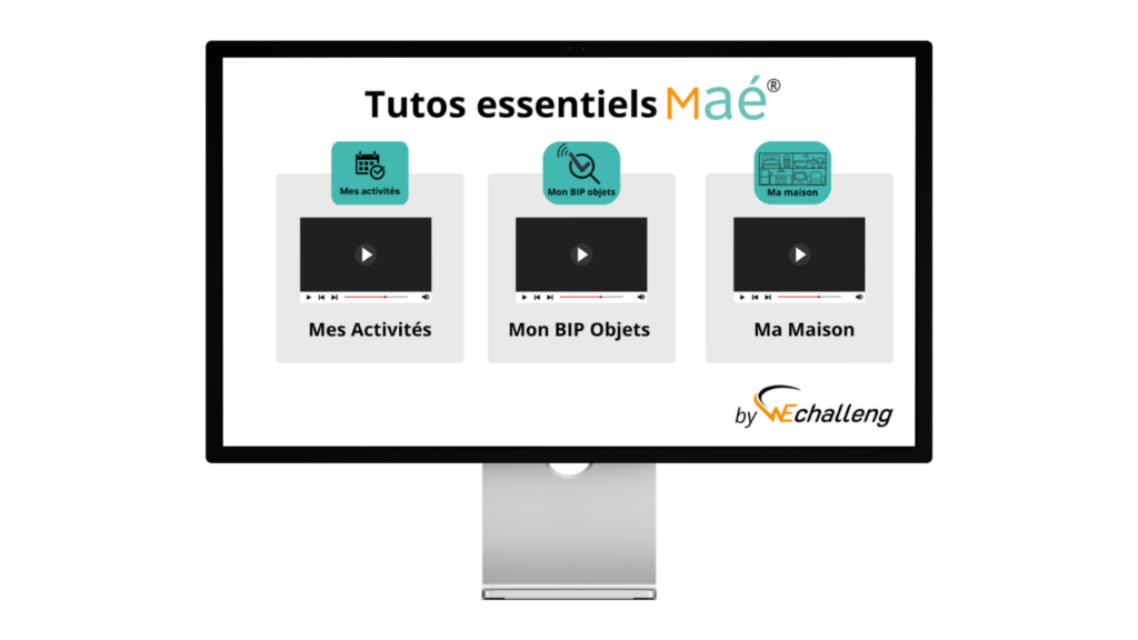 un ordinateurs sur un bureaux avec 3 videos proposées pour comprendre le fonctionnement des fonctionnalisées Maé®.