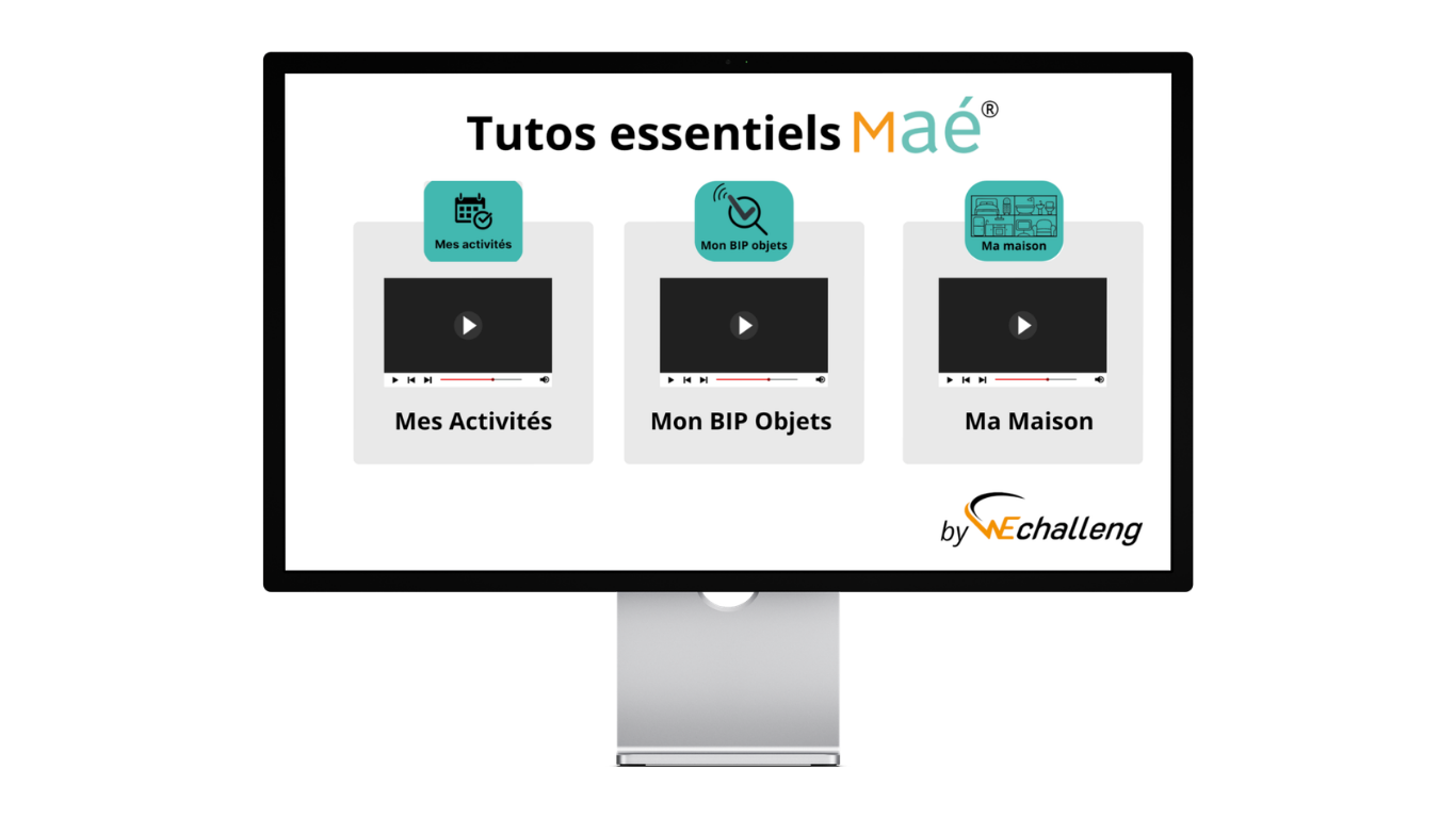 un ordinateurs sur un bureaux avec 3 videos proposées pour comprendre le fonctionnement des fonctionnalisées Maé®.