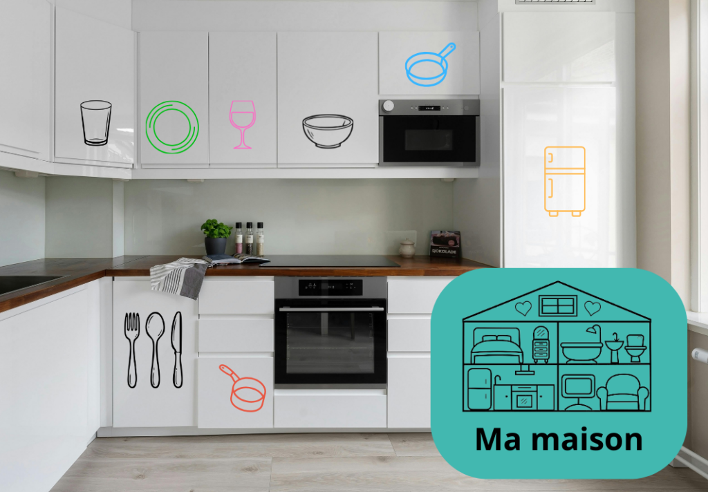 Visuel fonctionnalité %22Ma Maison%22 une cuisine avec des logos sur les portes de placard pour savoir ce qu'il y a dedans le logo de ma maison