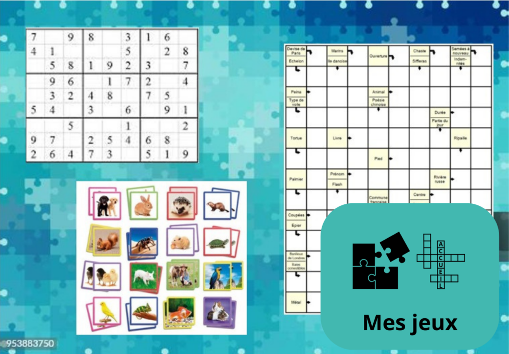 Visuel fonctionnalité %22Mes Jeux%22 En haut à gauche : un sudoku, en bas à gauche : un memory, à droite : une grille de mots fléchés. Le logo de mes jeux