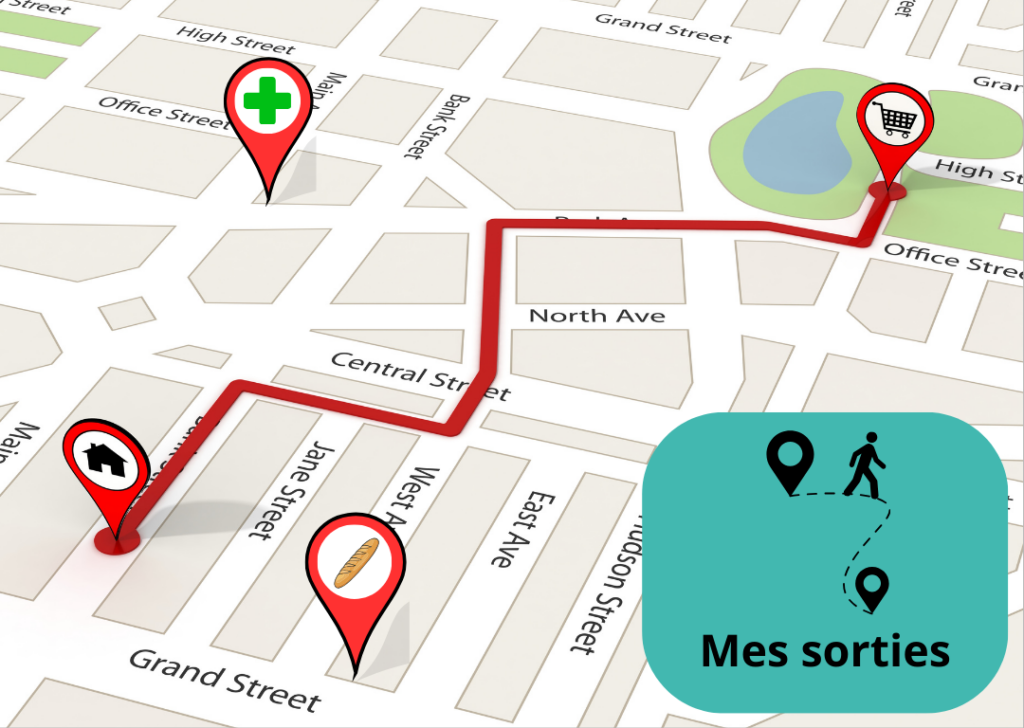 Visuel fonctionnalité Mes Sorties Carte avec des points sur des lieux important et un trait qui relie 2 de ses lieux. Le logo mes sorties