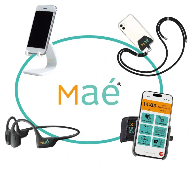 Les accessoires indispensables Maé® : support de téléphone, cordon bandoulière, brassard rotatif et écouteurs à conduction osseuse pour utiliser l'application troubles de la mémoire en toute liberté