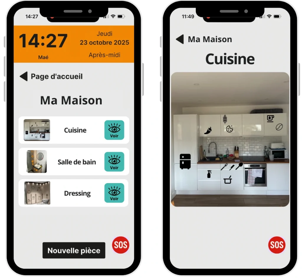 Capture d'écran de Ma Maison dans l'application Maé® : liste des pièces du domicile avec photos et vue de la cuisine avec logos sur les placards pour aider les personnes avec troubles de la mémoire à s'orienter