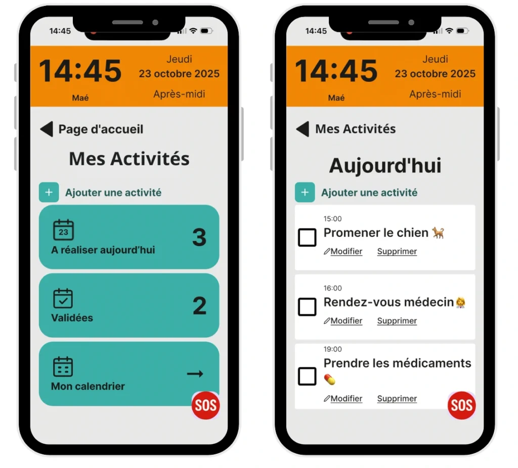 Capture d'écran de Mes Activités dans l'application Maé® : tableau de bord avec activités à réaliser et validées, et planning du jour avec promenade du chien, rendez-vous médecin et prise de médicaments