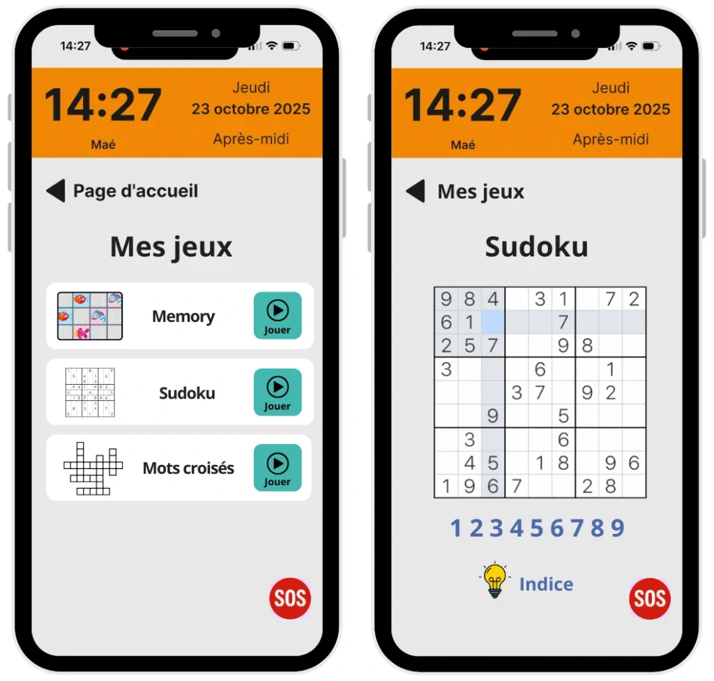 Capture d'écran de Mes Jeux dans l'application Maé® : choix entre memory, sudoku et mots croisés pour stimuler la mémoire, avec une partie de sudoku en cours