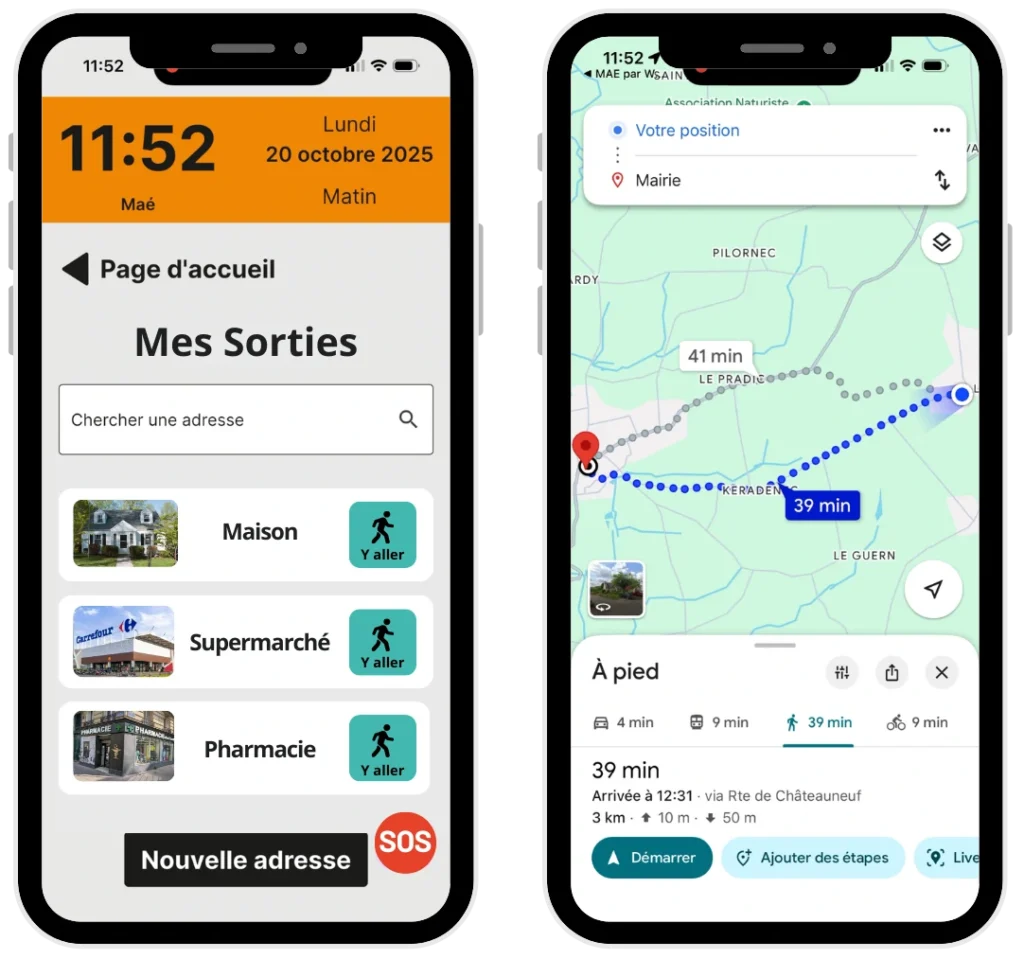 Capture d'écran de Mes Sorties dans l'application Maé® : destinations préenregistrées maison, supermarché et pharmacie avec bouton Y aller, et navigation GPS lancée vers la mairie