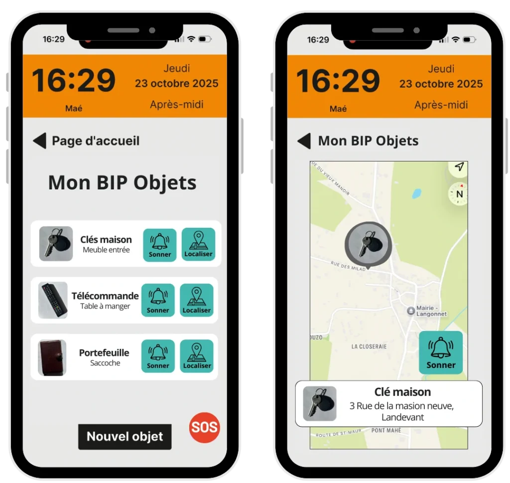 Capture d'écran de Mon BIP Objets dans l'application Maé® : liste des objets à localiser avec boutons Sonner et Localiser, et carte indiquant la position des clés de maison