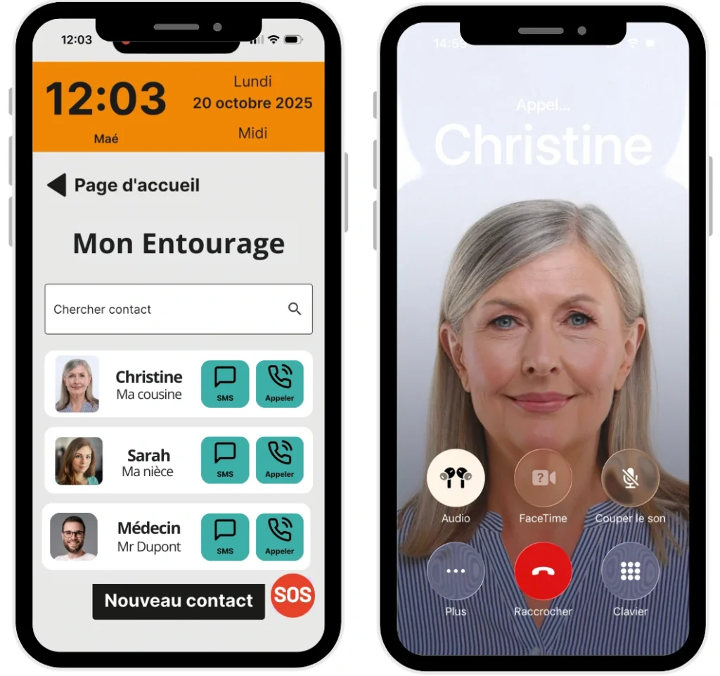 Capture d'écran de la fonctionnalité Mon Entourage de Maé® : liste de contacts avec photos et boutons appel et SMS, et écran d'appel en cours vers un proche pour les personnes avec troubles de la mémoire