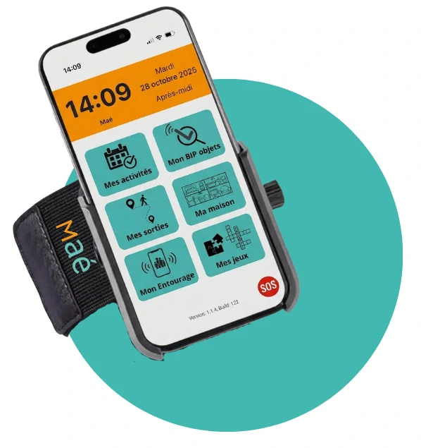 Brassard rotatif 360° Maé® avec l'application troubles de la mémoire affichée sur téléphone, pour garder son mobile sur le bras en intérieur comme en extérieur
