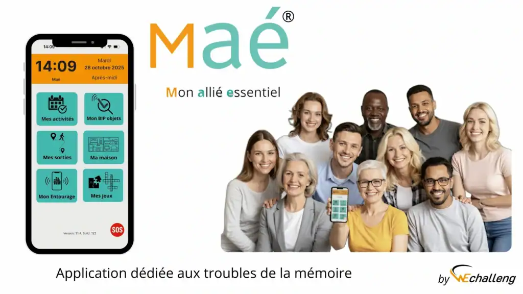 Groupe de personnes de tout âge utilisant Maé®, l'application Alzheimer dédiée aux troubles de la mémoire