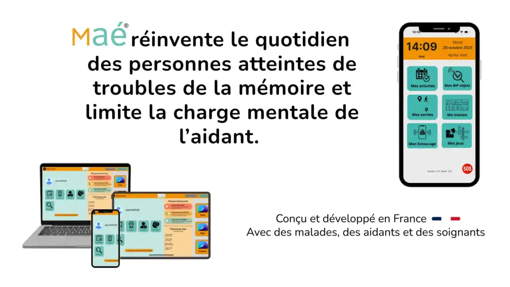 Présentation de l'application Alzheimer Maé® sur téléphone et de l'interface aidant sur tablette et ordinateur