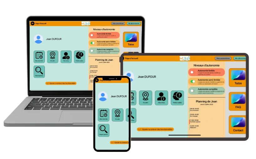 Interface aidant de l'application Maé® affichée sur ordinateur, tablette et téléphone, permettant de suivre et accompagner un proche atteint de troubles de la mémoire