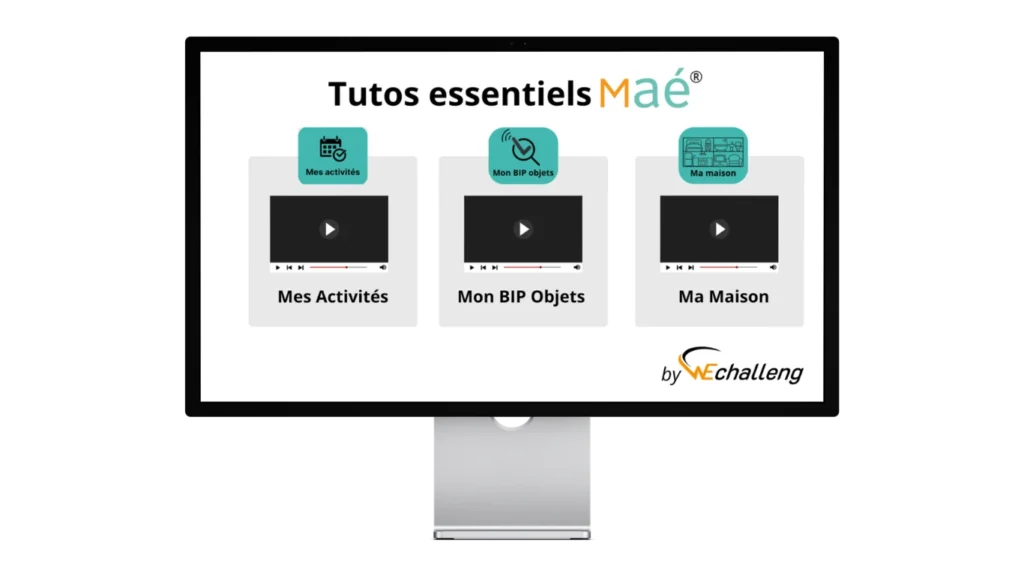 Écran d'ordinateur présentant les tutos essentiels de l'application Maé® pour troubles de la mémoire : Mes Activités, Mon BIP Objets et Ma Maison