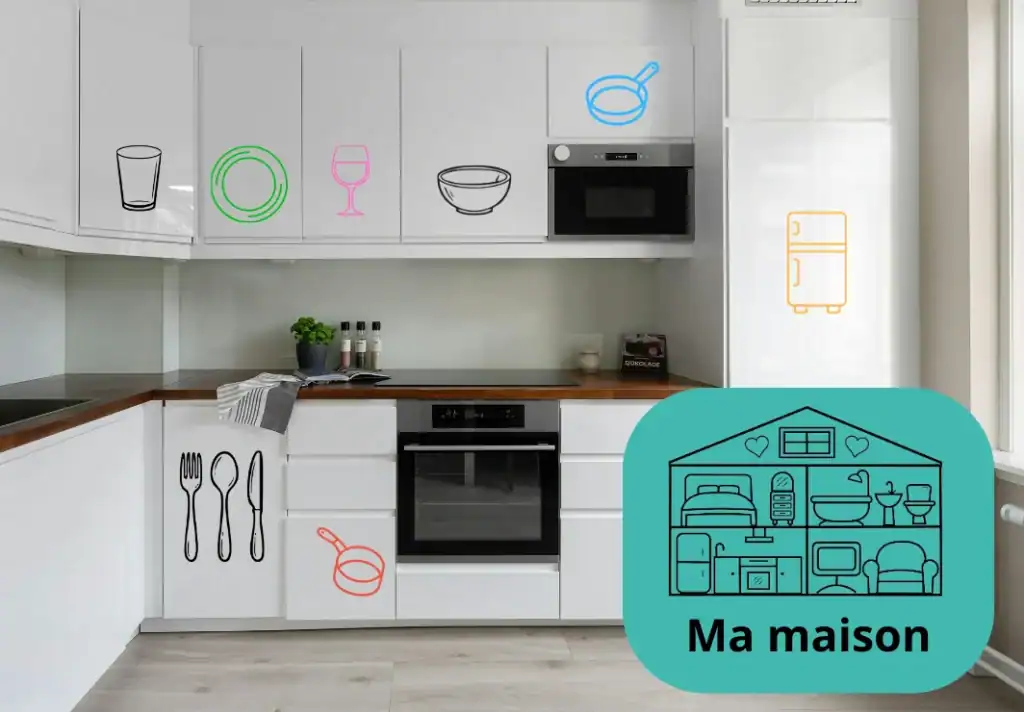Fonctionnalité Ma Maison de l'application Maé® : logos colorés apposés sur les placards d'une cuisine pour aider les personnes avec troubles de la mémoire à s'orienter chez elles