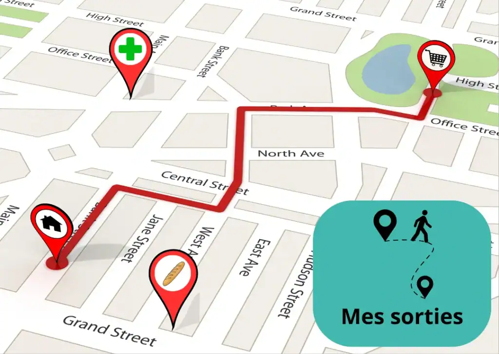 Fonctionnalité Mes Sorties de l'application Maé® : carte GPS simplifiée avec destinations préenregistrées pour accompagner les sorties des personnes avec troubles de la mémoire