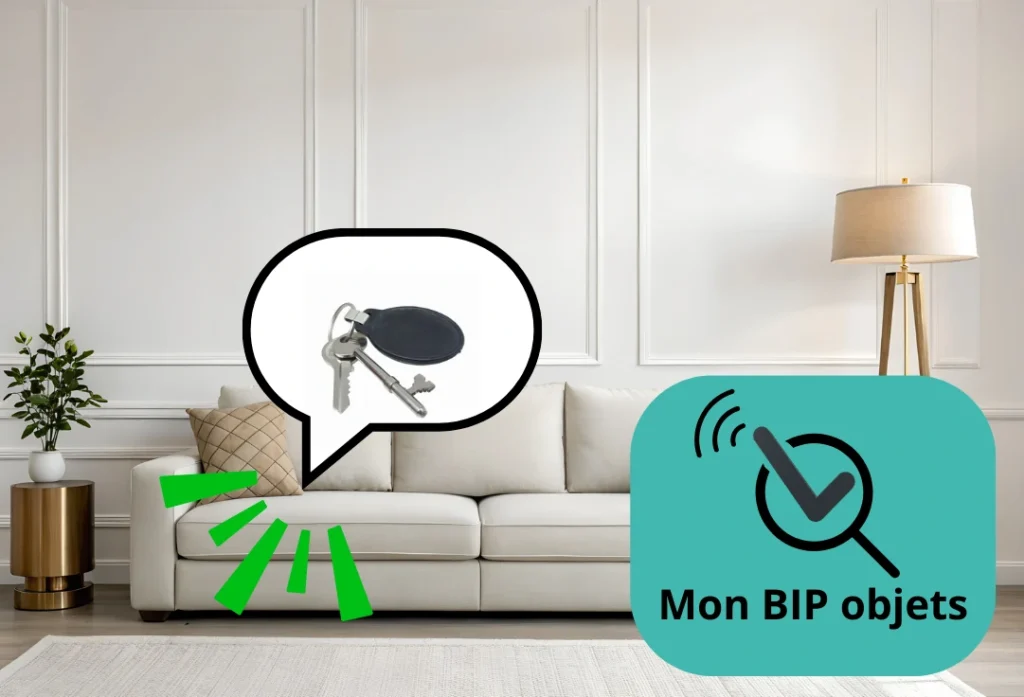 Fonctionnalité Mon BIP Objets de Maé® : signal sonore pour retrouver des clés perdues dans un salon, aide pour les personnes atteintes de troubles de la mémoire